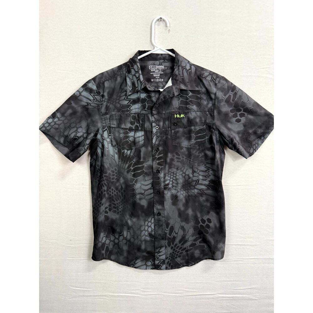 Huk Shirt Mens Small Black Kryptek Phenom Performance Fishing Outdoor Button Up